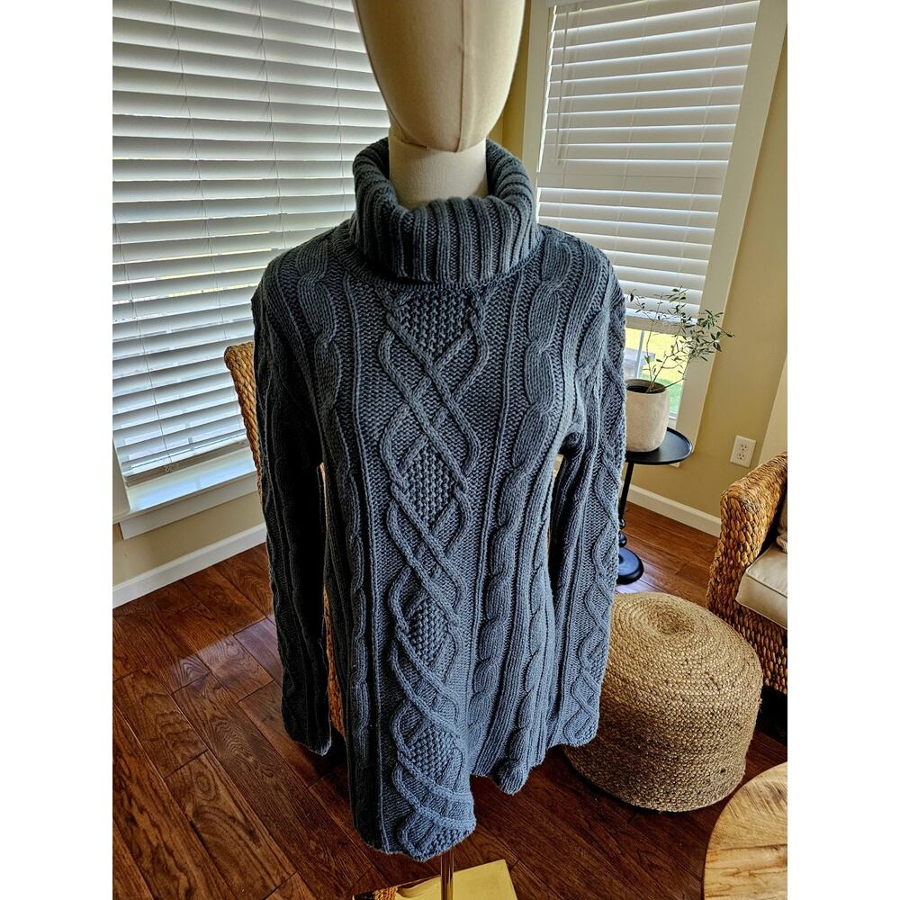 Eddie Bauer Wool Blend Cableknit Fisherman Sweater Women's L Blue Turtleneck